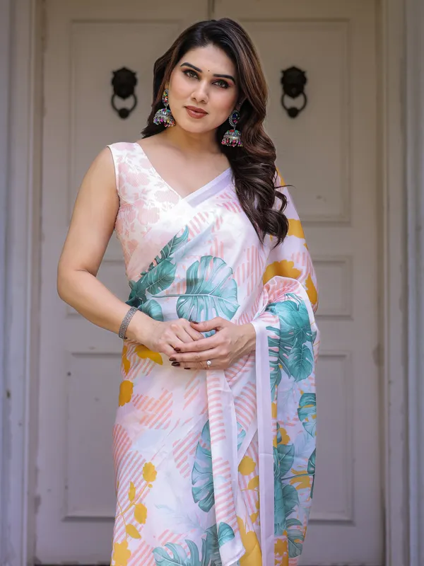 White_Tropical_Leaf_Printed_Satin_Georgette_Saree_with_Matching_Blouse_–_Fresh_Summer_Party_&_Day_Wear