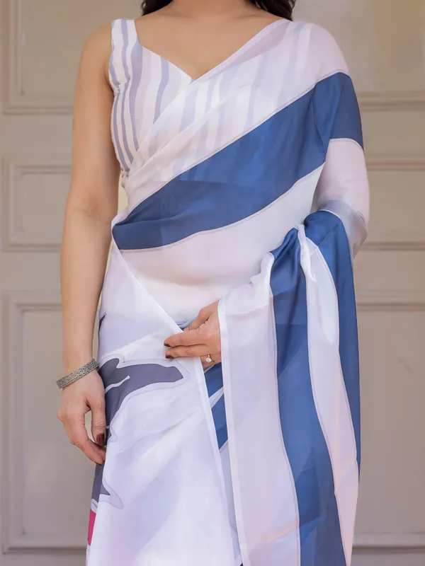 White_&_Steel_Blue_Abstract_Floral_Printed_Satin_Georgette_Saree_with_Matching_Blouse_–_Modern_Party_&_Evening_Wear