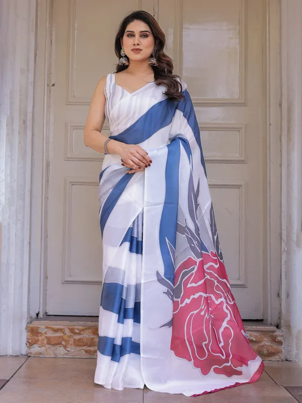 White_&_Steel_Blue_Abstract_Floral_Printed_Satin_Georgette_Saree_with_Matching_Blouse_–_Modern_Party_&_Evening_Wear