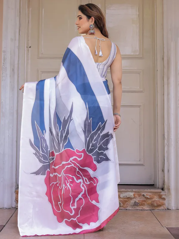 White_&_Steel_Blue_Abstract_Floral_Printed_Satin_Georgette_Saree_with_Matching_Blouse_–_Modern_Party_&_Evening_Wear