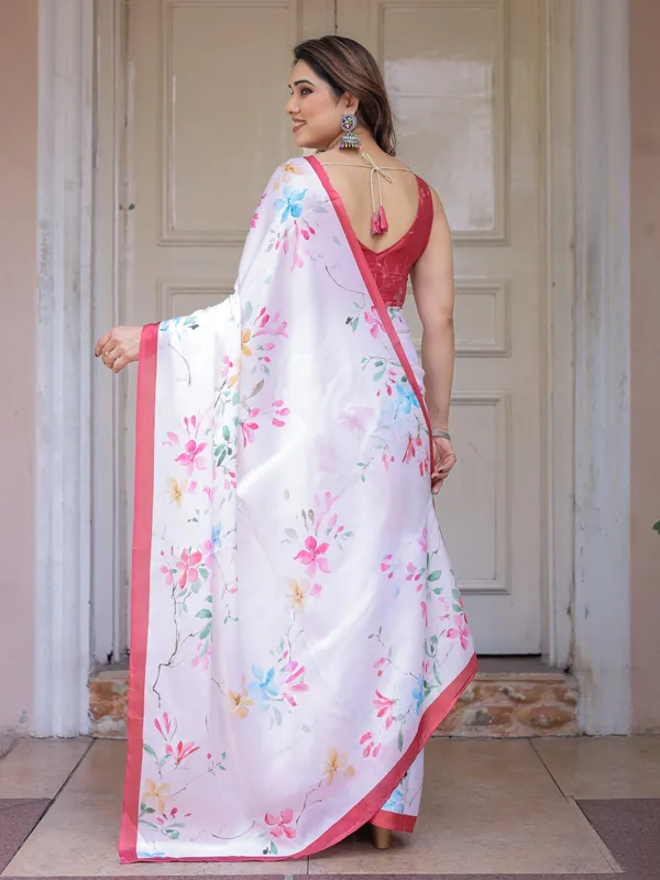 White_Pastel_Blossom_Printed_Satin_Georgette_Saree_with_Contrast_Pink_Border_&_Matching_Blouse_–_Elegant_Day_&_Party_Wear
