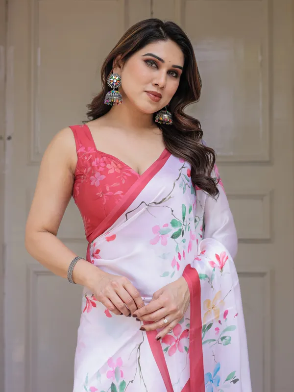 White_Pastel_Blossom_Printed_Satin_Georgette_Saree_with_Contrast_Pink_Border_&_Matching_Blouse_–_Elegant_Day_&_Party_Wear
