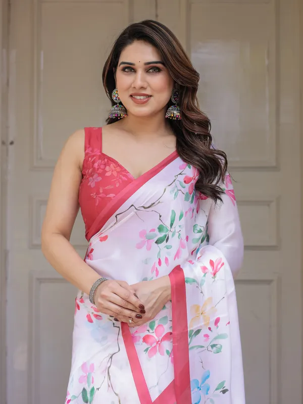 White_Pastel_Blossom_Printed_Satin_Georgette_Saree_with_Contrast_Pink_Border_&_Matching_Blouse_–_Elegant_Day_&_Party_Wear