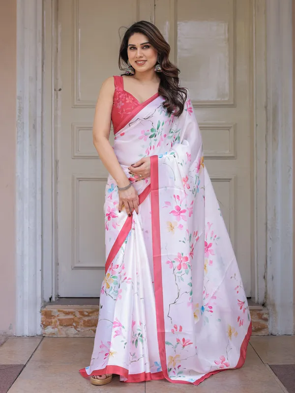 White_Pastel_Blossom_Printed_Satin_Georgette_Saree_with_Contrast_Pink_Border_&_Matching_Blouse_–_Elegant_Day_&_Party_Wear