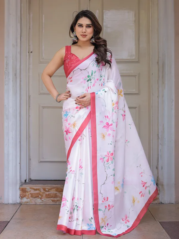 White_Pastel_Blossom_Printed_Satin_Georgette_Saree_with_Contrast_Pink_Border_&_Matching_Blouse_–_Elegant_Day_&_Party_Wear