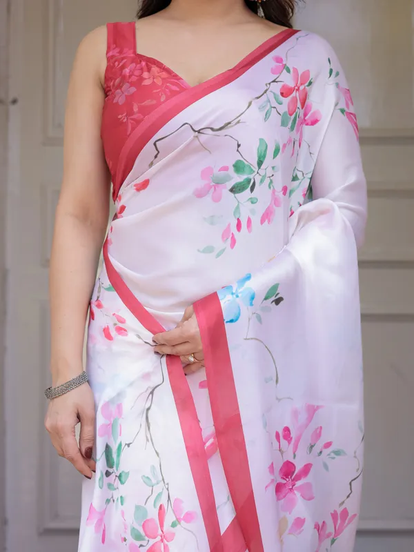 White_Pastel_Blossom_Printed_Satin_Georgette_Saree_with_Contrast_Pink_Border_&_Matching_Blouse_–_Elegant_Day_&_Party_Wear