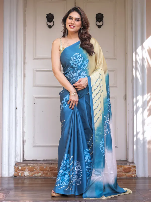 Steel_Blue_Ombre_Floral_Satin_Georgette_Saree_with_Contrast_Pallu_&_Unstitched_Blouse_–_Modern_Festive_&_Party_Wear