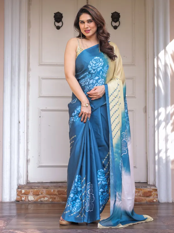 Steel_Blue_Ombre_Floral_Satin_Georgette_Saree_with_Contrast_Pallu_&_Unstitched_Blouse_–_Modern_Festive_&_Party_Wear