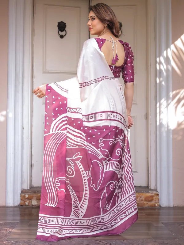 Ivory_White_&_Wine_Folk_Art_Printed_Satin_Georgette_Saree_with_Tribal_Border_&_Unstitched_Blouse_–_Festive_&_Ethnic_Wear