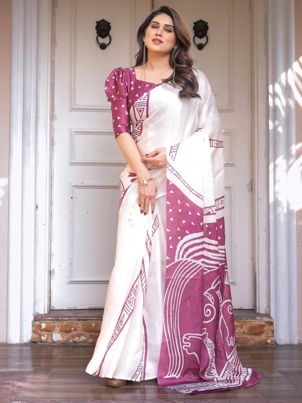 Ivory_White_&_Wine_Folk_Art_Printed_Satin_Georgette_Saree_with_Tribal_Border_&_Unstitched_Blouse_–_Festive_&_Ethnic_Wear