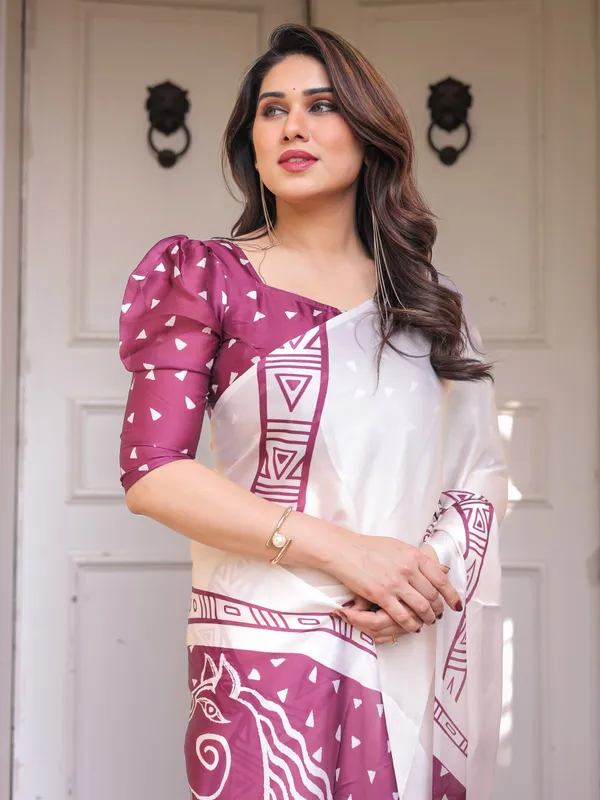 Ivory_White_&_Wine_Folk_Art_Printed_Satin_Georgette_Saree_with_Tribal_Border_&_Unstitched_Blouse_–_Festive_&_Ethnic_Wear