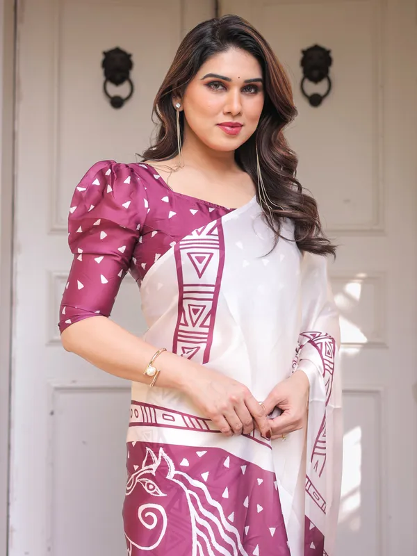 Ivory_White_&_Wine_Folk_Art_Printed_Satin_Georgette_Saree_with_Tribal_Border_&_Unstitched_Blouse_–_Festive_&_Ethnic_Wear