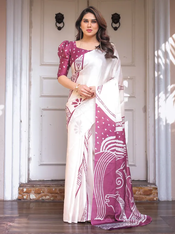 Ivory_White_&_Wine_Folk_Art_Printed_Satin_Georgette_Saree_with_Tribal_Border_&_Unstitched_Blouse_–_Festive_&_Ethnic_Wear