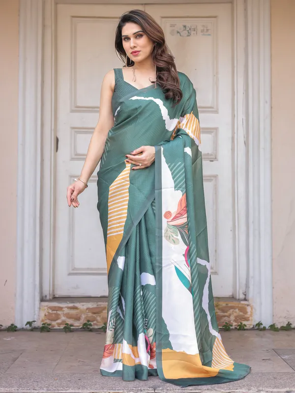 Bottle_Green_Abstract_Printed_Satin_Georgette_Saree_with_Designer_Border_&_Unstitched_Blouse_–_Modern_Party_&_Office_Wear