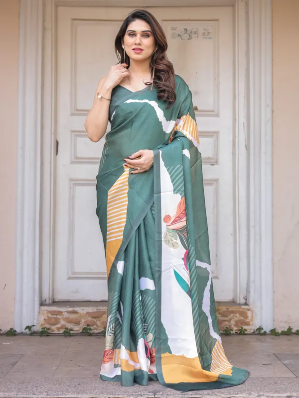 Bottle_Green_Abstract_Printed_Satin_Georgette_Saree_with_Designer_Border_&_Unstitched_Blouse_–_Modern_Party_&_Office_Wear