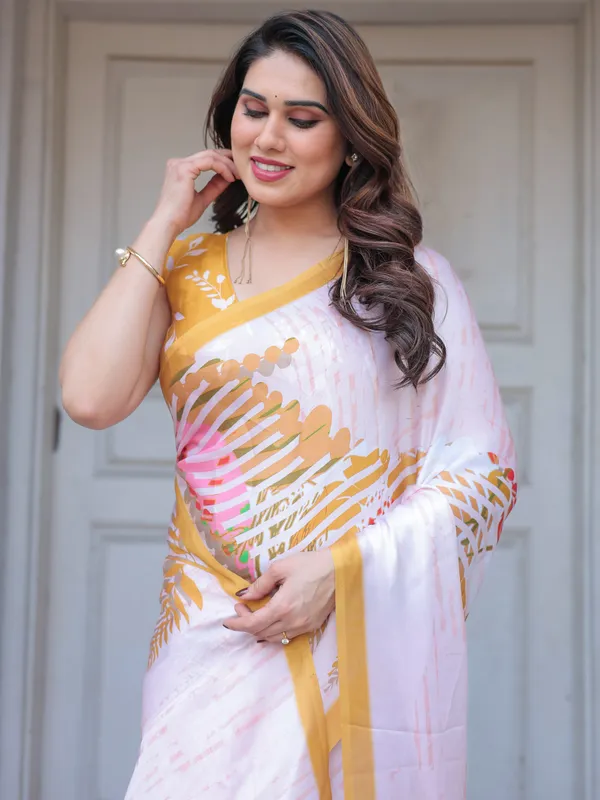 Ivory_White_Botanical_Printed_Satin_Georgette_Saree_with_Mustard_Border_&_Unstitched_Blouse_–_Elegant_Festive_&_Day_Wear
