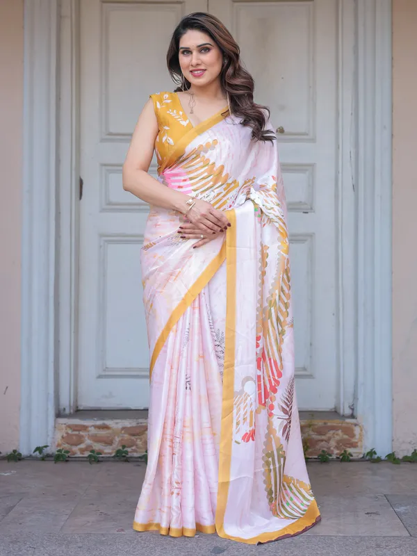 Ivory_White_Botanical_Printed_Satin_Georgette_Saree_with_Mustard_Border_&_Unstitched_Blouse_–_Elegant_Festive_&_Day_Wear