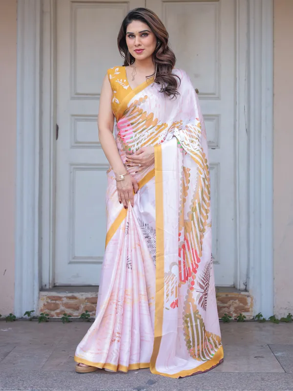 Ivory_White_Botanical_Printed_Satin_Georgette_Saree_with_Mustard_Border_&_Unstitched_Blouse_–_Elegant_Festive_&_Day_Wear