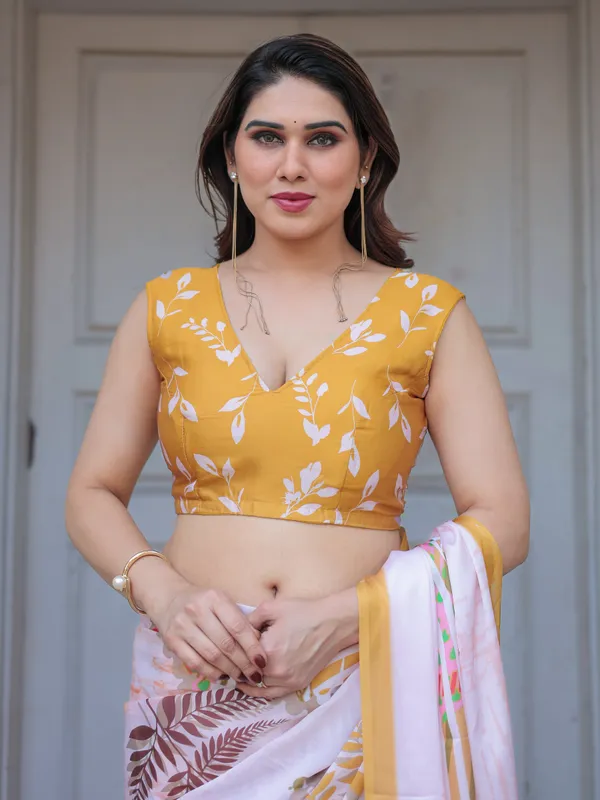 Ivory_White_Botanical_Printed_Satin_Georgette_Saree_with_Mustard_Border_&_Unstitched_Blouse_–_Elegant_Festive_&_Day_Wear