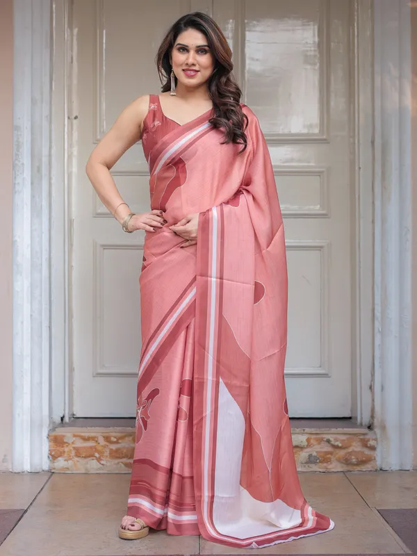 Coral_Peach_Minimal_Floral_Satin_Georgette_Saree_with_Soft_Border_&_Unstitched_Blouse_–_Elegant_Day_&_Occasion_Wear