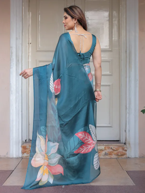 Teal_Blue_Large_Floral_Printed_Satin_Georgette_Saree_with_Artistic_Pallu_&_Unstitched_Blouse_–_Elegant_Party_&_Occasion_Wear