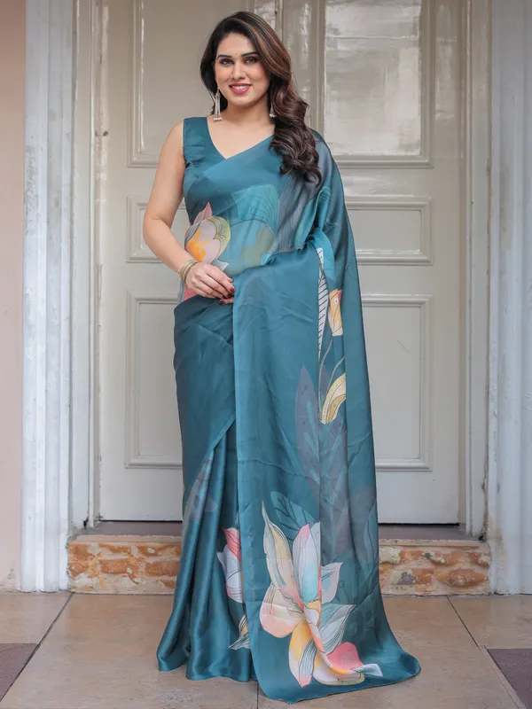Teal_Blue_Large_Floral_Printed_Satin_Georgette_Saree_with_Artistic_Pallu_&_Unstitched_Blouse_–_Elegant_Party_&_Occasion_Wear