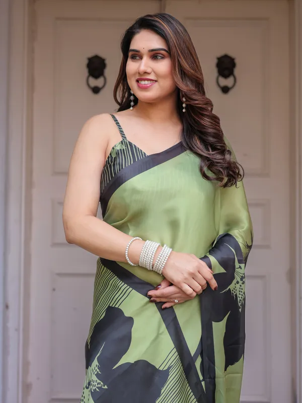 Olive_Green_&_Black_Artistic_Floral_Printed_Satin_Georgette_Saree_with_Matching_Blouse_–_Elegant_Party_&_Festive_Wear