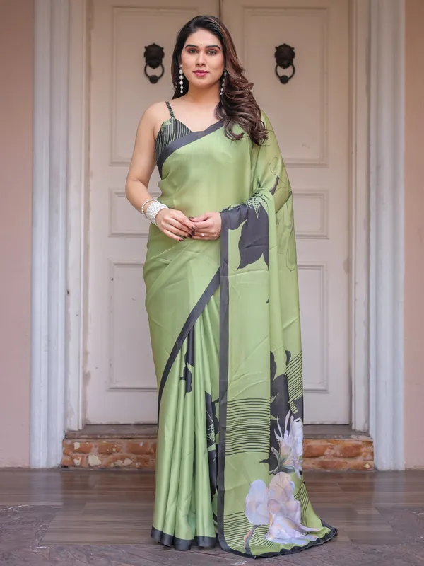 Olive_Green_&_Black_Artistic_Floral_Printed_Satin_Georgette_Saree_with_Matching_Blouse_–_Elegant_Party_&_Festive_Wear