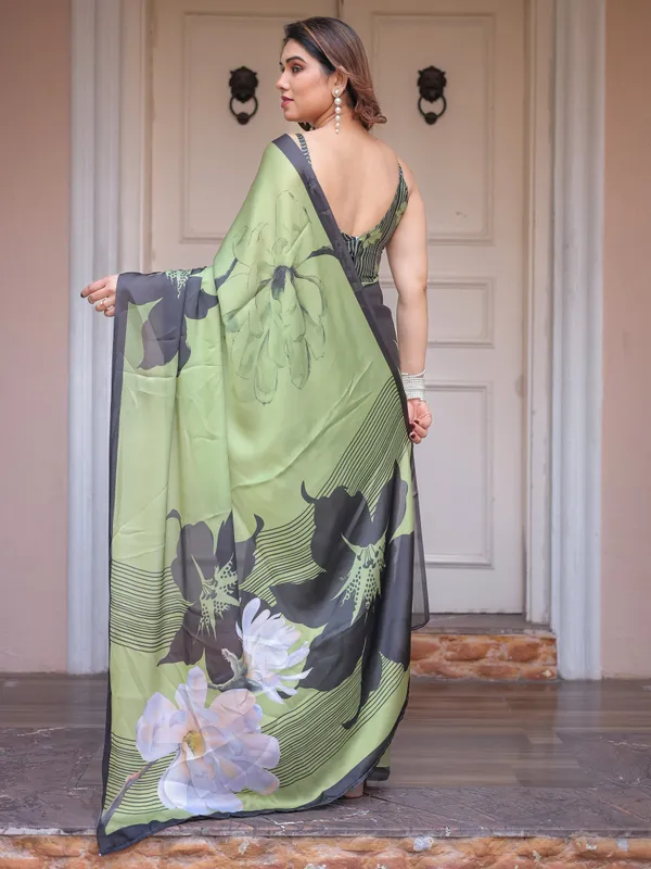 Olive_Green_&_Black_Artistic_Floral_Printed_Satin_Georgette_Saree_with_Matching_Blouse_–_Elegant_Party_&_Festive_Wear