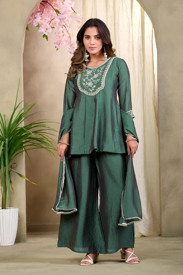 Green_Silk_Embroidered_Peplum_Kurti_Sharara_Set_For_Women