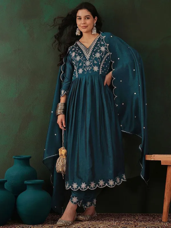 Teal_Floral_Embroidered_V-Neck_Tread_Work_Anarkali_Kurta_&_Trouser_With_Dupatta