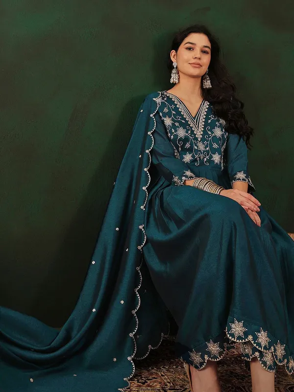 Teal_Floral_Embroidered_V-Neck_Tread_Work_Anarkali_Kurta_&_Trouser_With_Dupatta