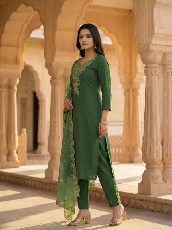 Women_Embroidered_Regular_Thread_Work_Chanderi_Cotton_Kurti_with_Trousers_&_With_Dupatta