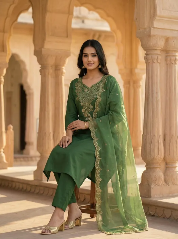 Women_Embroidered_Regular_Thread_Work_Chanderi_Cotton_Kurti_with_Trousers_&_With_Dupatta