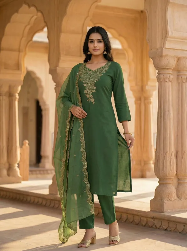 Women_Embroidered_Regular_Thread_Work_Chanderi_Cotton_Kurti_with_Trousers_&_With_Dupatta