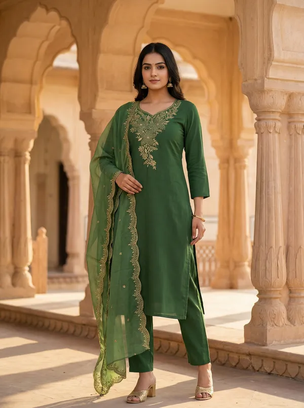 Women_Embroidered_Regular_Thread_Work_Chanderi_Cotton_Kurti_with_Trousers_&_With_Dupatta