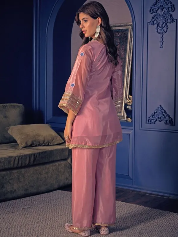 Pink_Organza_A-Line_Embroidered_Mirror_Work_Kurta_Trouser_Set_For_Women