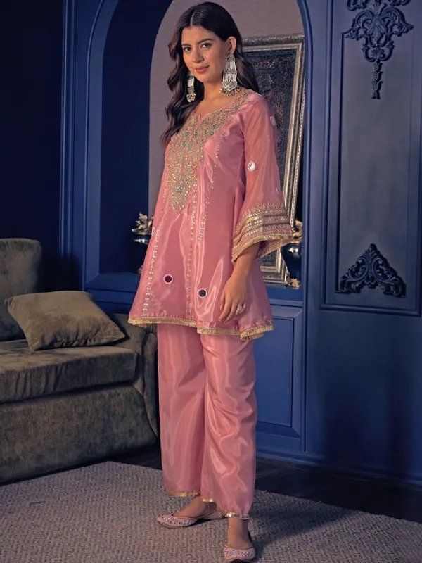 Pink_Organza_A-Line_Embroidered_Mirror_Work_Kurta_Trouser_Set_For_Women