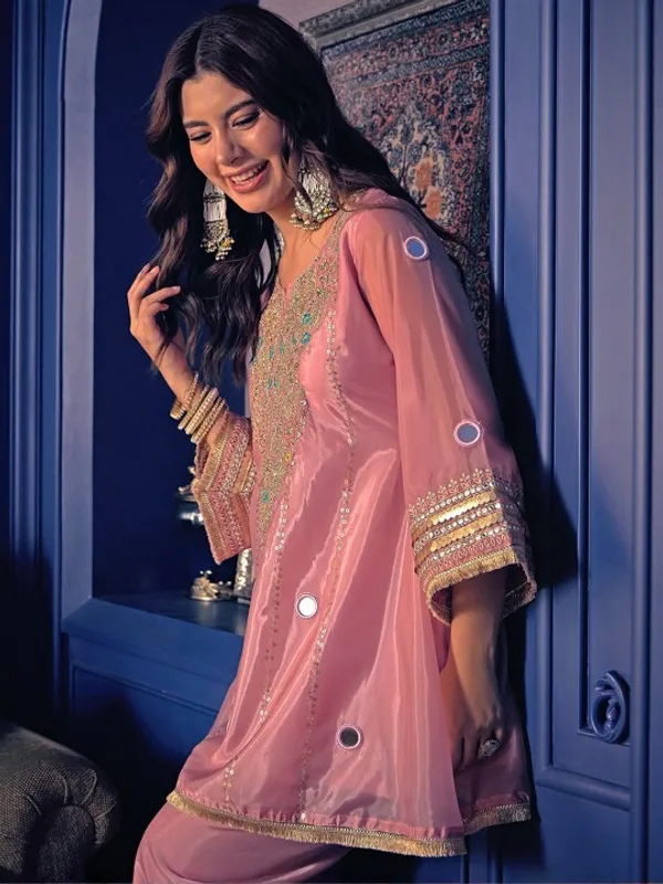 Pink_Organza_A-Line_Embroidered_Mirror_Work_Kurta_Trouser_Set_For_Women