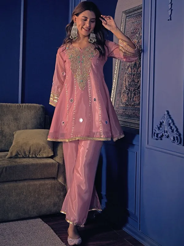 Pink_Organza_A-Line_Embroidered_Mirror_Work_Kurta_Trouser_Set_For_Women