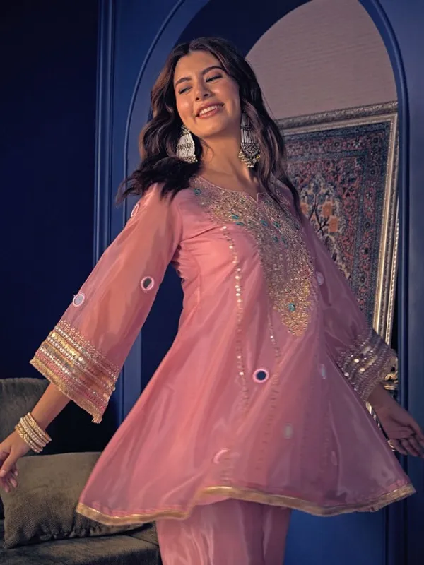 Pink_Organza_A-Line_Embroidered_Mirror_Work_Kurta_Trouser_Set_For_Women