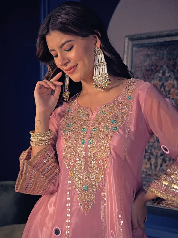 Pink_Organza_A-Line_Embroidered_Mirror_Work_Kurta_Trouser_Set_For_Women