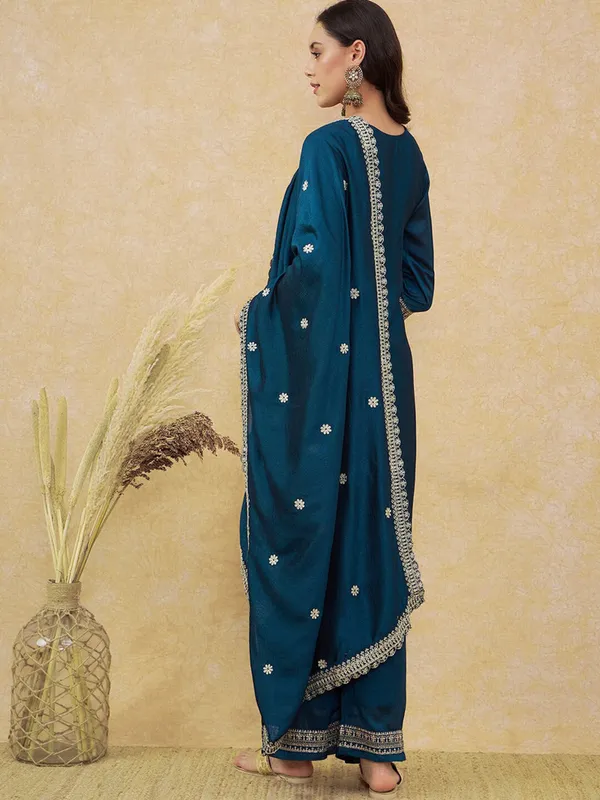 Teal_Silk_Regular_Embroidered_Kurta_Palazzo_Set_For_Women
