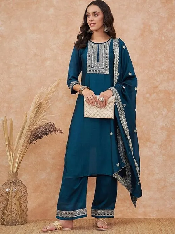 Teal_Silk_Regular_Embroidered_Kurta_Palazzo_Set_For_Women
