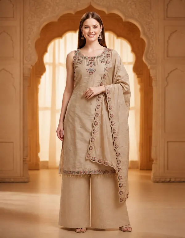 Cream_Silk_Embroidered_Regular_Kurta_Palazzo_Set_For_Women