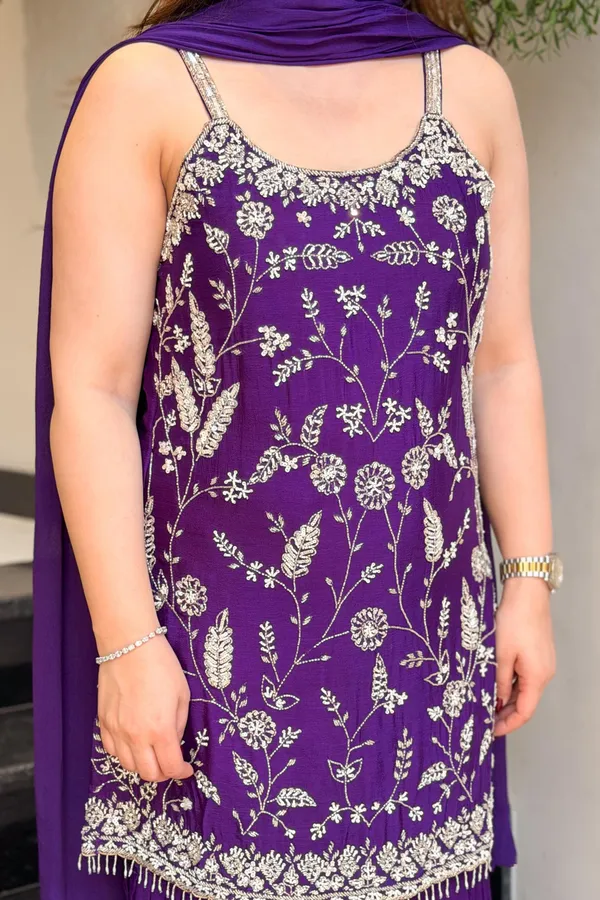 Purple_Chinon_Embroidered_Thread_Work_Kurta_Sharara_Set_For_Women