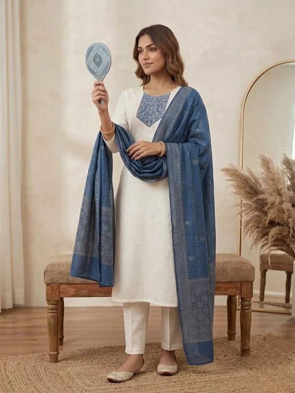 White_Silk_Regular_Embroidered_Kurta_Trouser_Set_For_Women