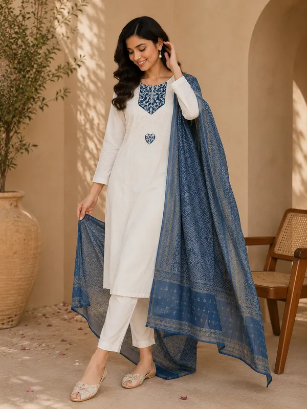 White_Silk_Regular_Embroidered_Kurta_Trouser_Set_For_Women