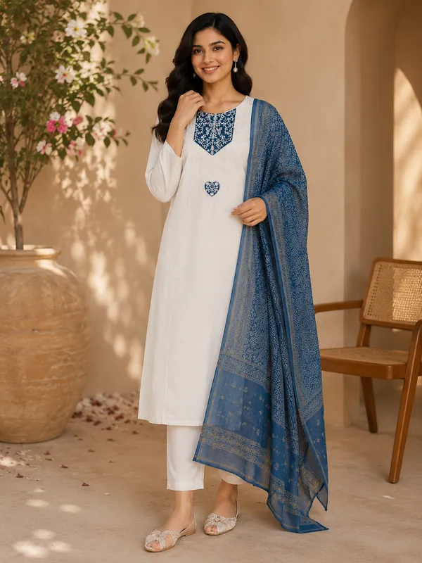 White_Silk_Regular_Embroidered_Kurta_Trouser_Set_For_Women