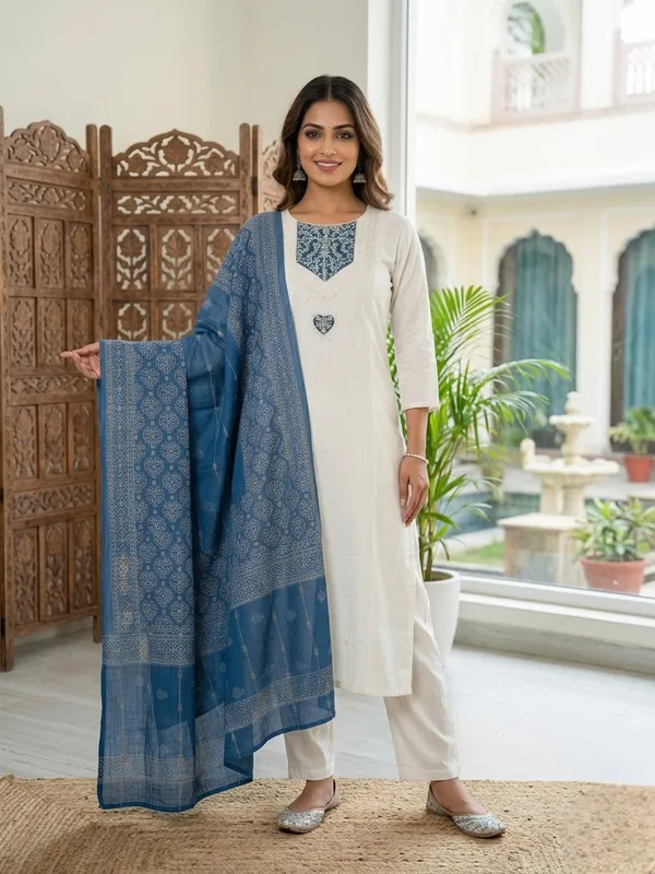 White_Silk_Regular_Embroidered_Kurta_Trouser_Set_For_Women